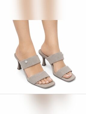 Anne Klein Beige Double-Strap Kitten Heel Mules